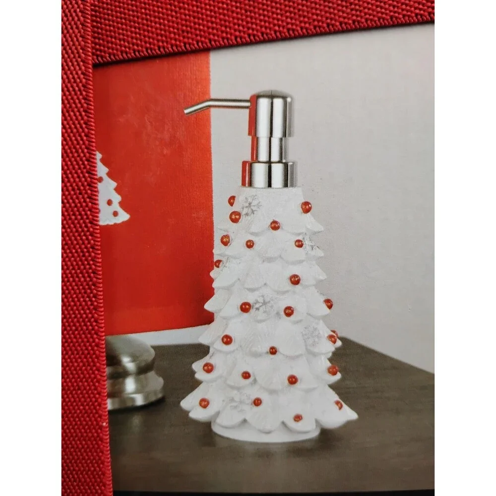 White Christmas Tree Soap Lotion Dispenser and 2 Red Fingertip Towels NEW in Box